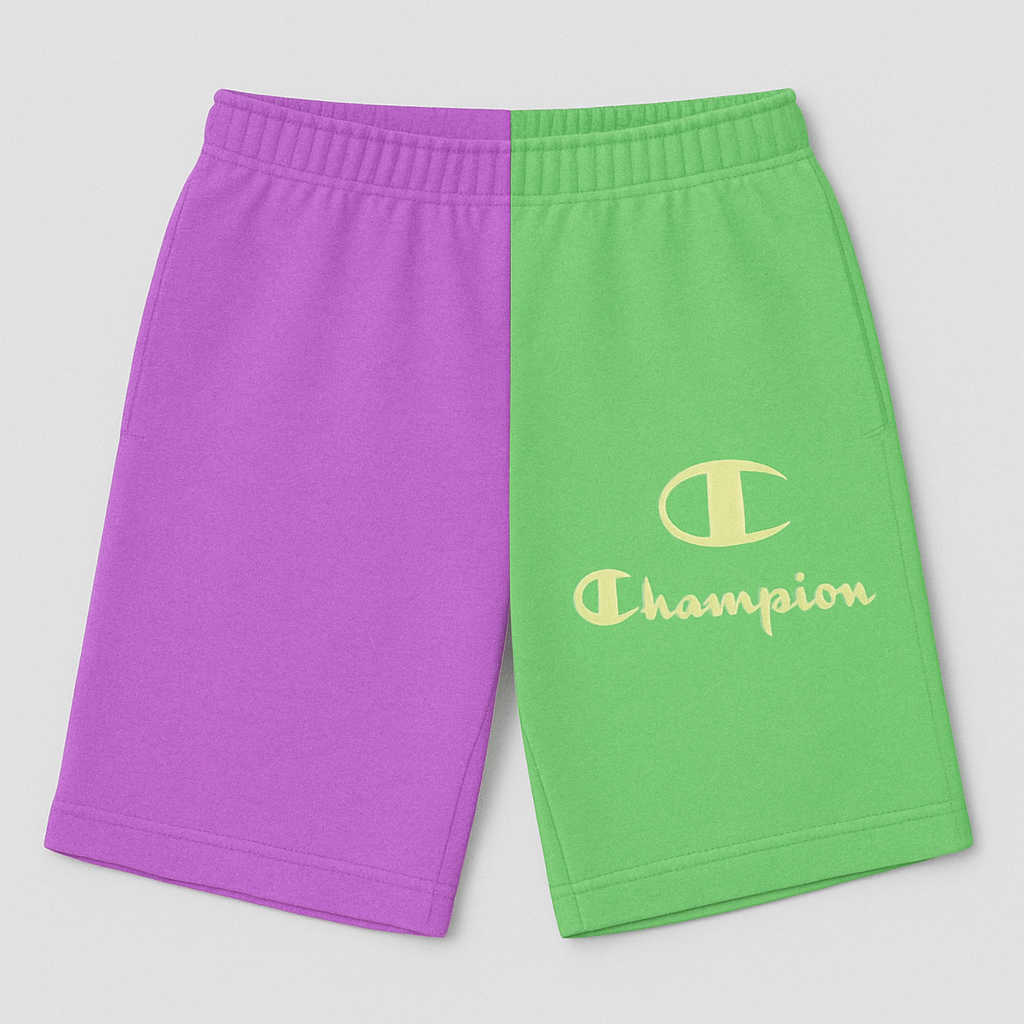 Champion Colorblock Purple Green Two-Tone Logo Shorts Champion Colorblock Purple Green Two-Tone Logo Shorts