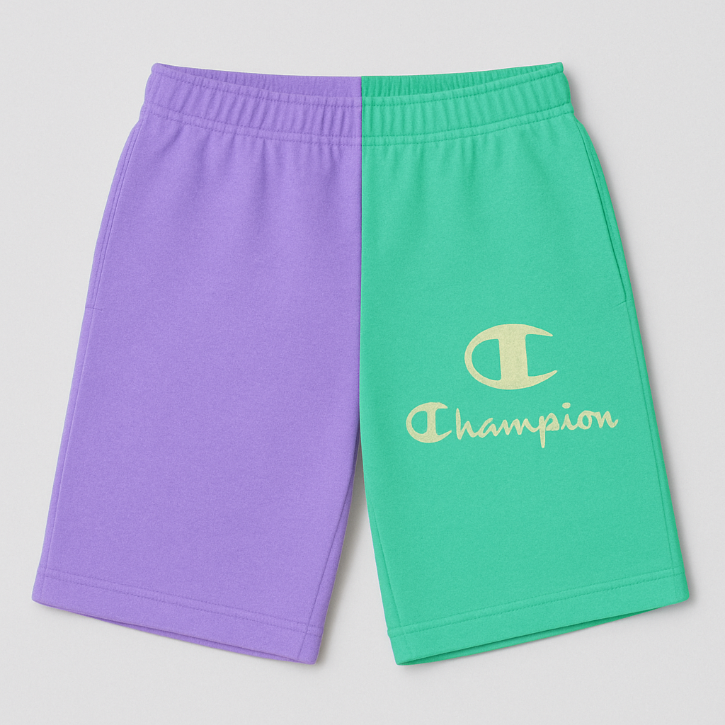 Champion Colorblock Purple Green Two-Tone Logo Shorts Champion Colorblock Purple Green Two-Tone Logo Shorts