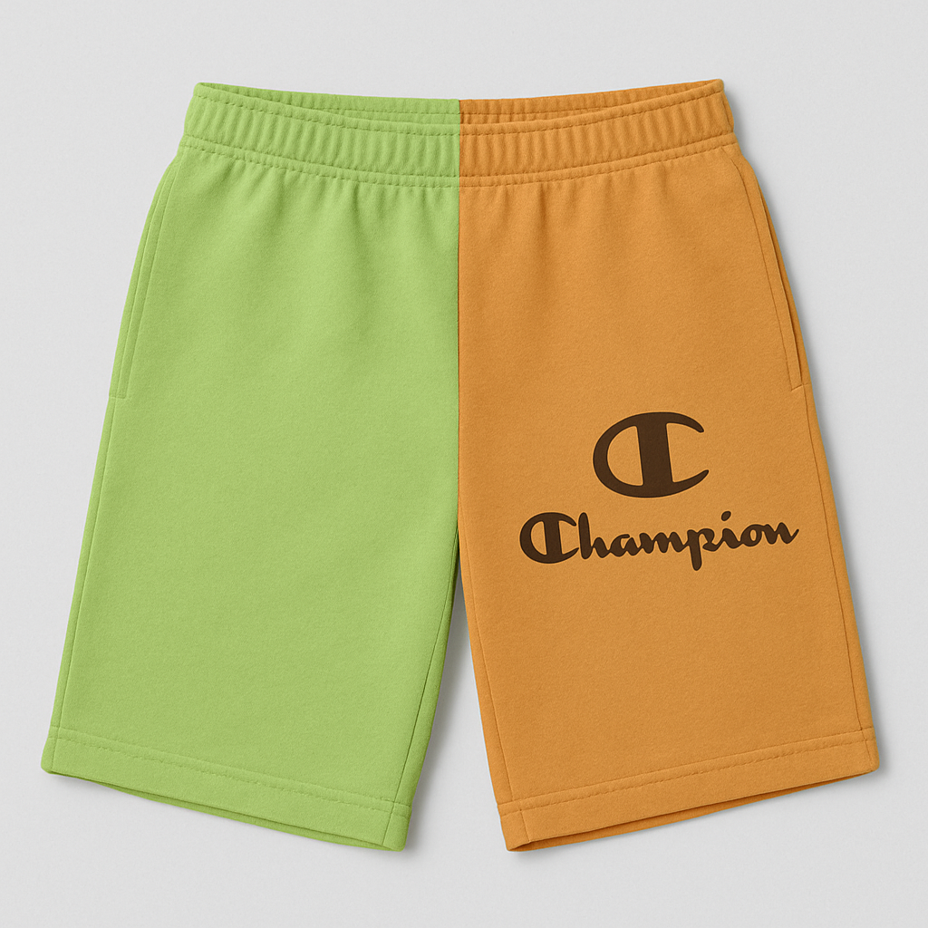 Champion Colorblock Green Orange Two-Tone Logo Shorts Champion Colorblock Green Orange Two-Tone Logo Shorts