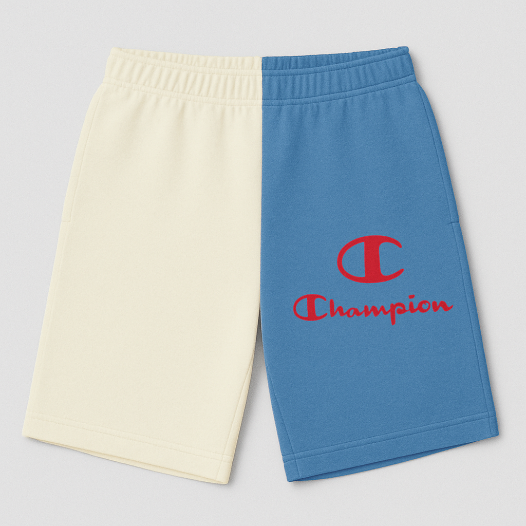 Champion Colorblock Cream Blue Two-Tone Logo Shorts Champion Colorblock Cream Blue Two-Tone Logo Shorts